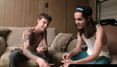 Straight buddies Devin and Blinx's post-strip poker jerk off and cum fest