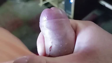 Approach to my cock with ejaculation, pulling milk