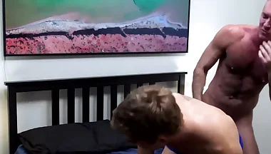 Blond twink body shakes as dominant hungs cock hits the spot