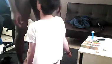 Black femboy sucks and fucks interracially